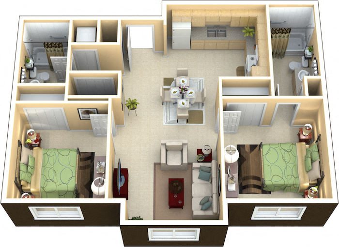 Floor plan for 2 beds, 2 baths, 901 sqft